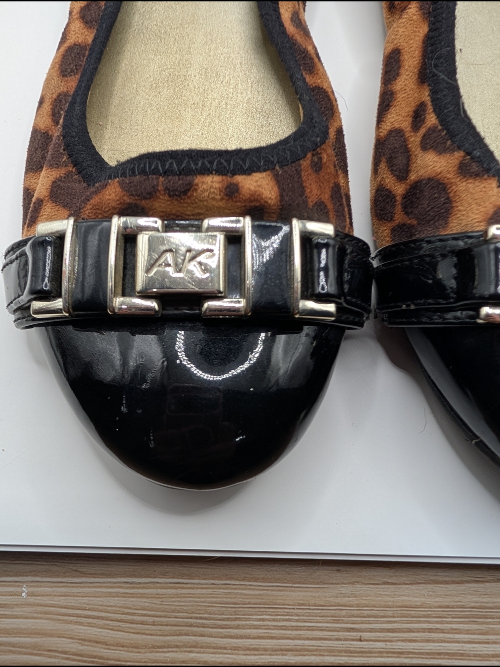Anne Klein Sport Leopard Print Flats with Black Patent Toe and Silver Buckle - Picture 3 of 7